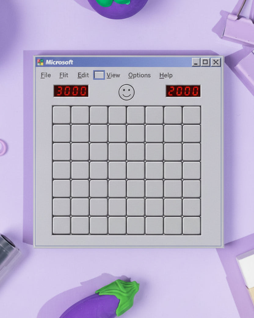 A memo pad featuring a Minesweeper inspired design on a purple backdrop with stationery items.