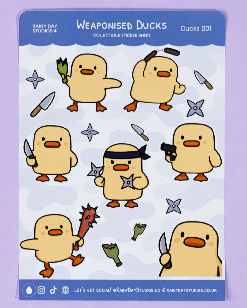 Sticker sheet with cartoon ducks holding various weapons on a purple background
